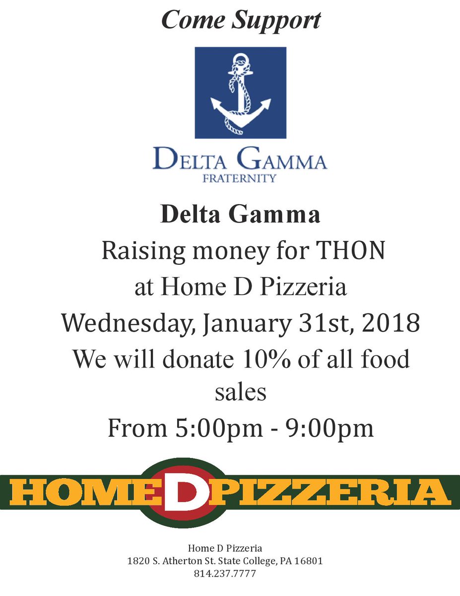 Homedpizzeria's tweet photo. Help @DeltaGammaPSU raise money for #THON!  Dine with us between 5 &amp; 9 pm on Wed, 1/31 and we will donate 10% of all food sales! https://t.co/gv0f8OGBzo