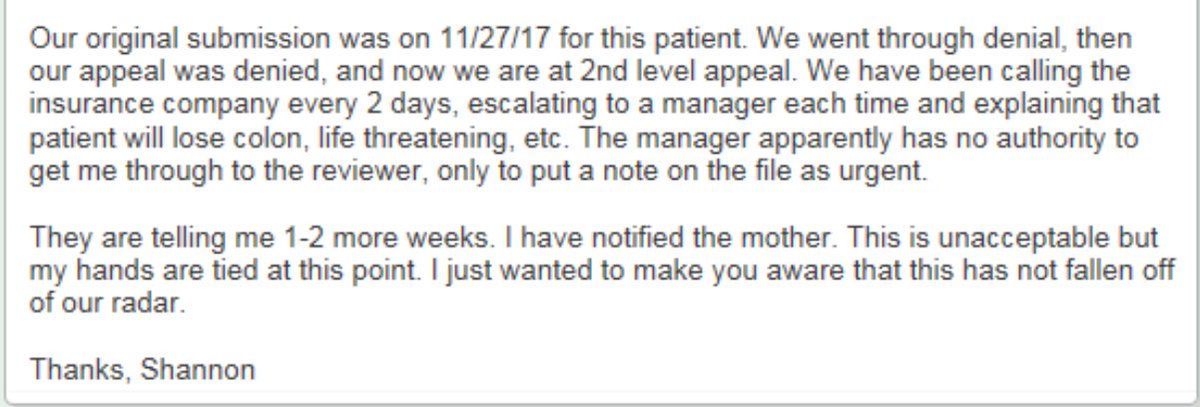 IBDMD's tweet photo. Unacceptable: intentional barriers & delays by Coventry (@Aetna). For my patient whose colon was saved with cyclosporine. We are trying to get her vedolizumab (Entyvio) as maintenance SINCE NOV 27. Does “urgent” really mean 1-2 weeks? Read my PharmD’s note below... #fightwme https://t.co/OCSE3klNib