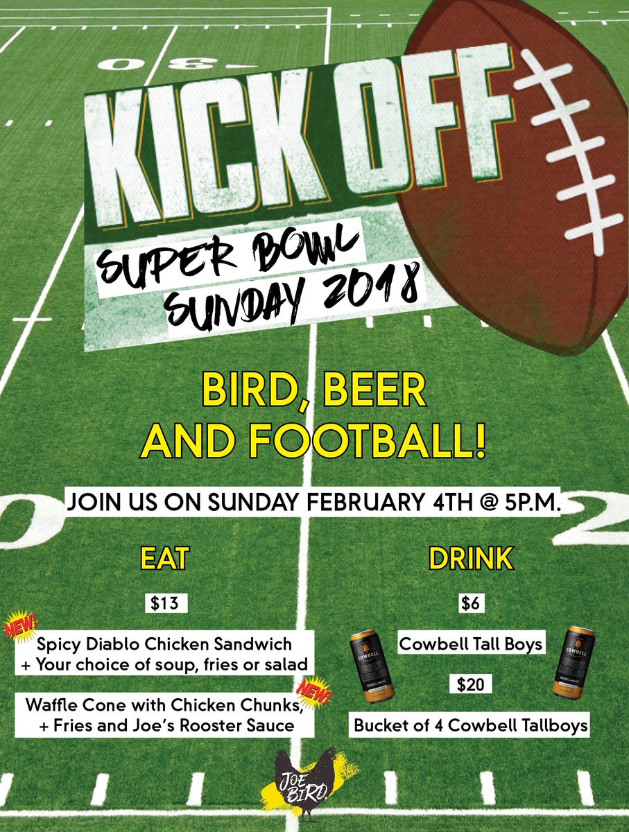 BIRD, BEER AND FOOTBALLL! JOIN US ON #SUPERBOWLSUNDAY $6 <a href="/CowbellBrewinG/">Cowbell Brewing Co.</a> TALL BOYS and $20 BUCKETS