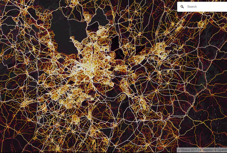 DragonLadyU2's tweet photo. Hablemos de Strava y el problemón que se viene; en un movimiento muy interesante han decidido publicar un "mapa de calor" en el que se pueden ver todos los recorridos que han hecho sus usuarios (algunos?); andando, bici,corriendo... La imagen es de Madrid. https://t.co/6dXecXyvjc