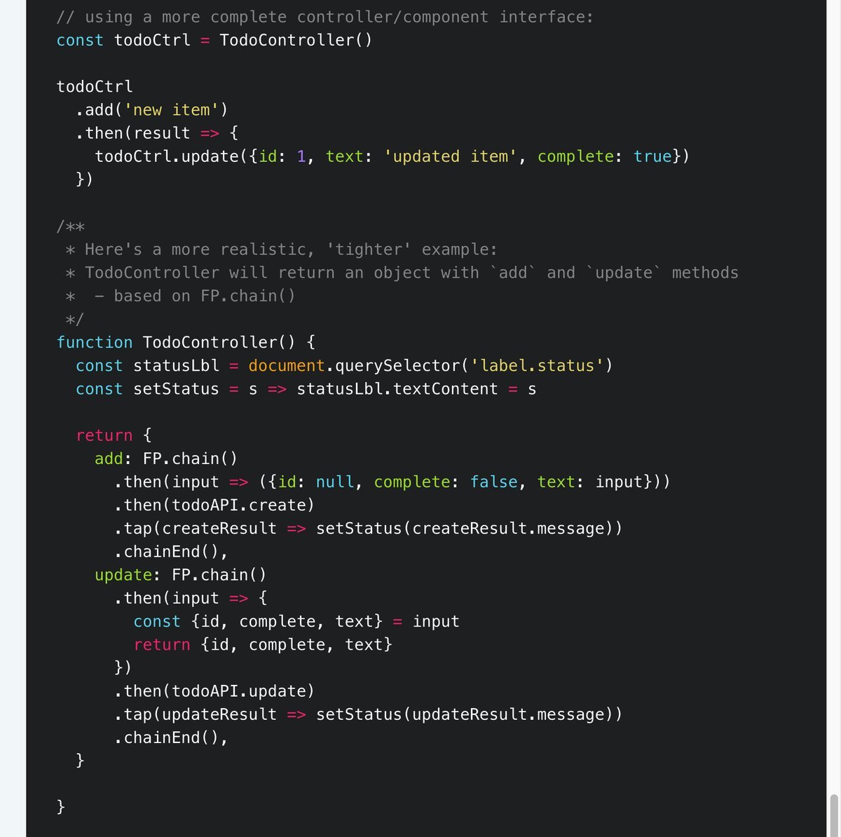 justsml's tweet photo. @uncompetatively @jamonholmgren @BrendanEich @AdamRackis @ver_kat @javascriptd Thx all!
I made a project to explore this more: functional-promise

https://t.co/8ZAeXwOtd2

FP lib is a 💯% chainable API

👌👉 a/sync, conditionals, array methods, events, concurrency, etc

FPs JS build is 80-90% smaller vs. Bluebird or I/RxJS
Src also readable @ ~400 LoC 👍 https://t.co/Bd79FrcOiP