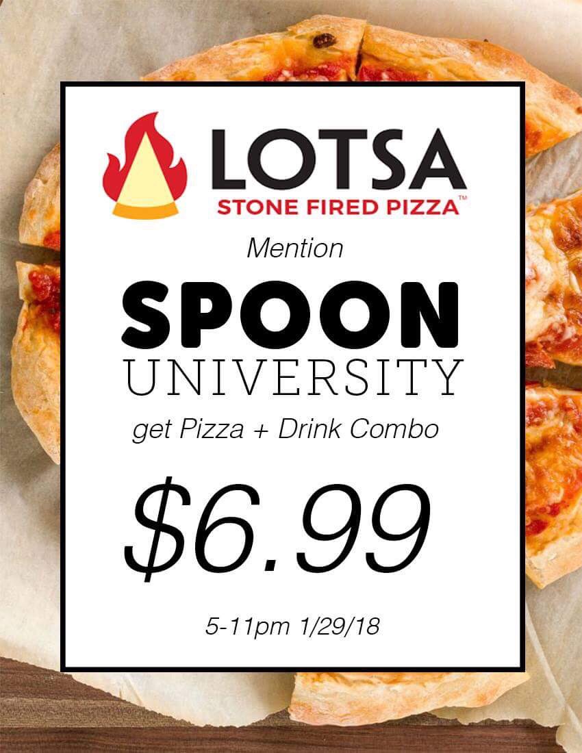 CP Students!! Come out to Lotsa this Monday and mention our name to get a pizza and drink for only $6.99!! See you there from 5-11 🍕🍕 #SpoonUmd