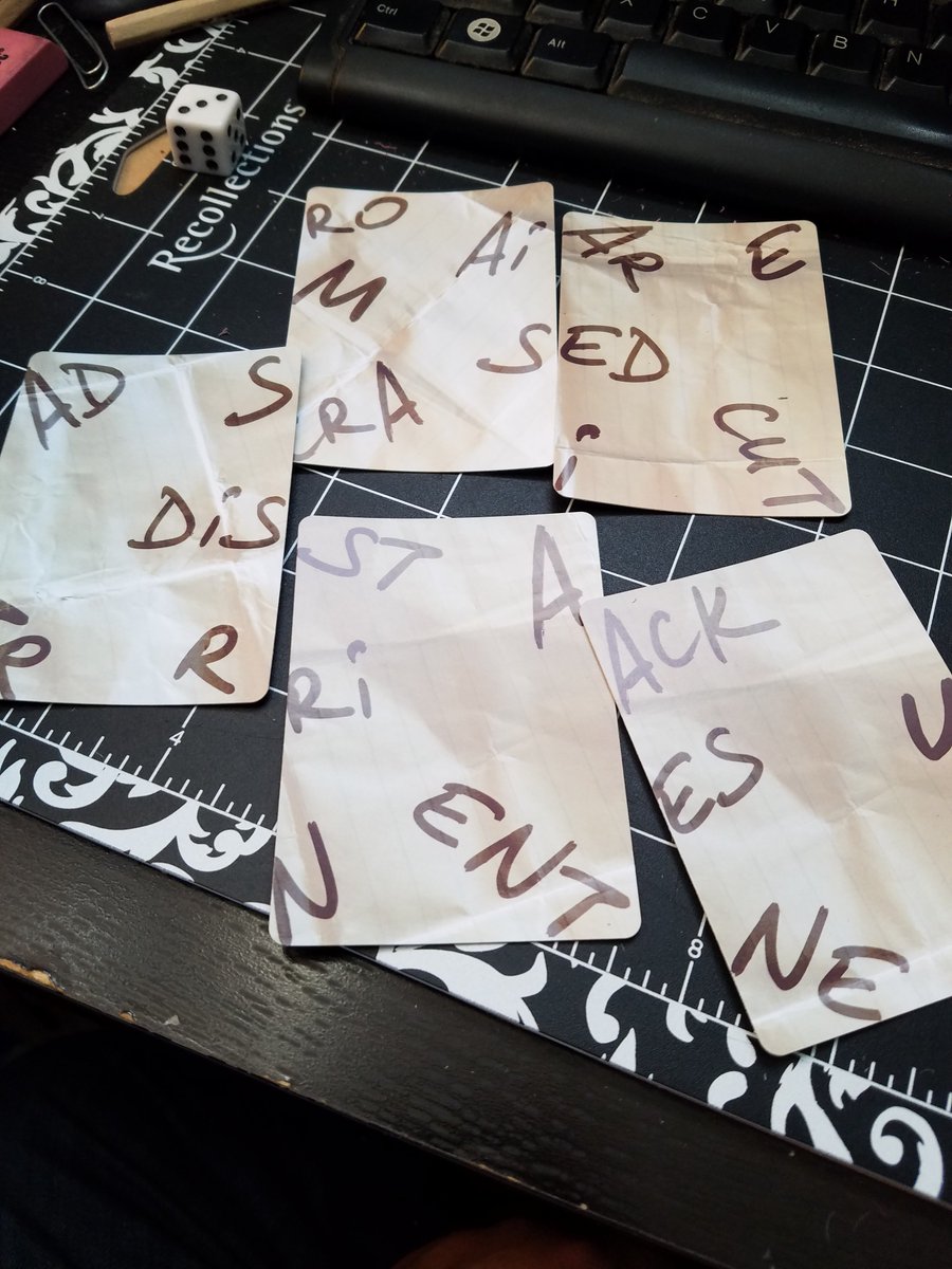 TheJesusGaray's tweet photo. So I'm giving a test spin to @emmalarkins ' Confabula Rasa card game, but I don't have a player to go. What do I do? I used it as an idea generator. https://t.co/453xghKPQA