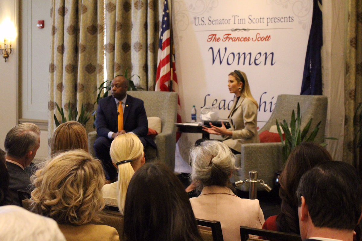 IvankaTrump's tweet image. Great conversation with @SenatorTimScott yesterday in SC. Thank you Senator for your commitment to American working families. Your leadership was pivotal in DOUBLING the Child Tax Credit and maintaining the Child and Dependent Care Credit and Adoption Credit 👏🏻 #TaxReform