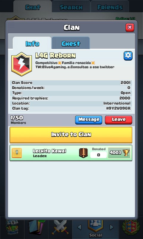 Nueva familia! L4G Reborn estaremos dando premios y headers a los que pertenezcan al equipo, tarjetas de google play o de ios, etc, quieres pertenecer? Requisitos:
- +4000 Copas
- +12 Victorias en desafios
- +5k Cartas Ganadas!

Interesados hablarme al MD!