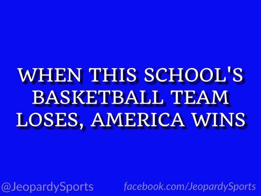 JeopardySports's tweet photo. “What is: Duke University?”
#JeopardySports #UVAvsDUKE https://t.co/FSVqMcOOc8