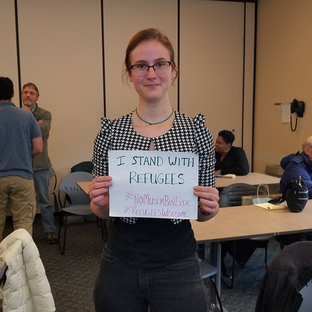 IWRefugees's tweet photo. IWR took a break from our work today to #SendASign to @POTUS: one year later, we still say #NoMuslimBanEver #NoBanNoWall #RefugeesWelcome @RefugeeAssist #twithaca https://t.co/s4fymS7iOR