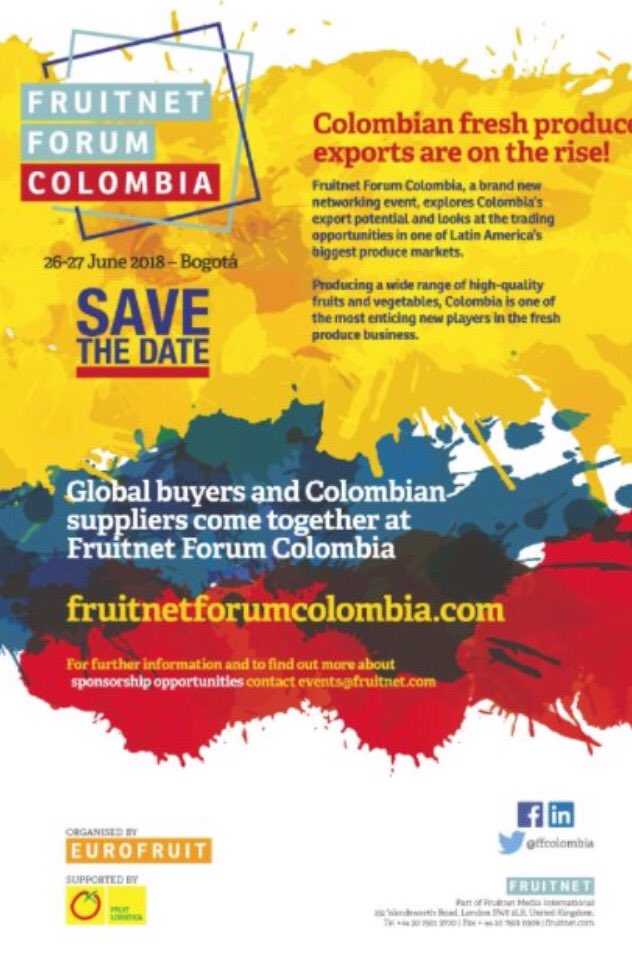 maurafruitnet's tweet photo. Save the date! Join us in Bogotá on 26-27 June to find out why Colombia is the hottest name in fresh produce #FruitnetForumColombia https://t.co/0A6gJclcwA