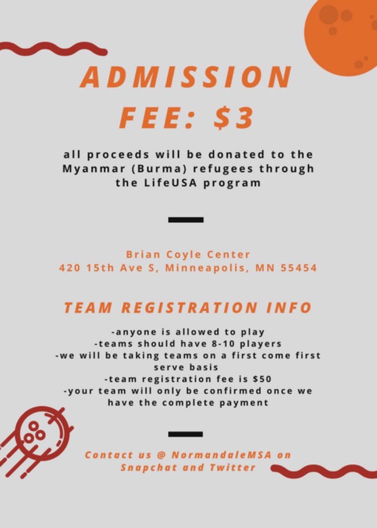 NormandaleMsa's tweet photo. After a long wait we are finally back and are giving y’all what you asked for dodgeball pt2!!!This time around i’a we will be raising money for the people of Burma, EVERY PENNY RAISED will be donated so make sure to make a team and play or just come out and support!!!! https://t.co/fqLEqUGIog