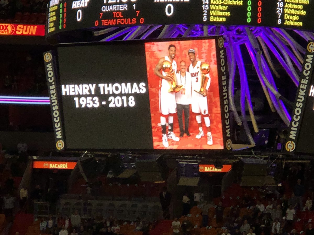 WillManso's tweet photo. The Heat remembering long time agent Henry Thomas with a pre-game moment of silence.  He passed away yesterday.  Had been agent for Wade, Bosh, UD and Hardaway, to name a few.  Heat called him a member of the family. https://t.co/nZ0beZ9jfs