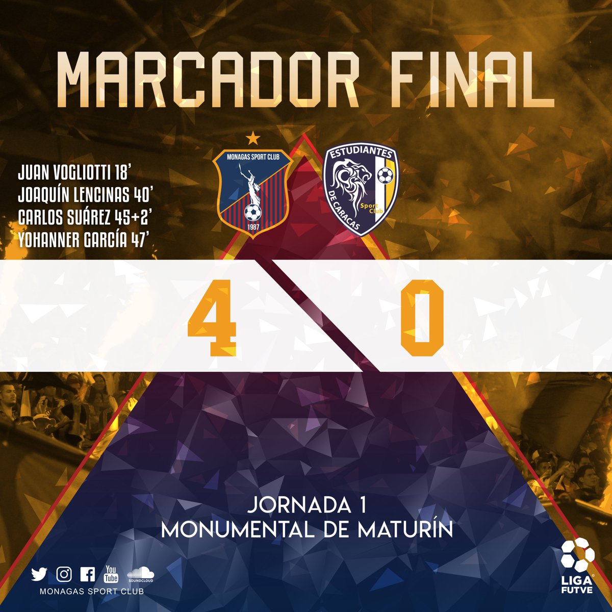 Monagas_SC's tweet photo. #Apertura2018 🏆🇻🇪 | Monagas SC 4-0 @EstudiantesCSC | ¡Final del partido! ¡Goleada en el debut del campeón! 💪  

#LigaFUTVExTLT 📺 https://t.co/YtrzfE4X5b