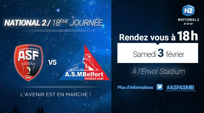 andrezieuxbthfc's tweet photo. ⚽️ #ASFASMB [18' journée] 
📆 Samedi 3 février 2018
🕕18h00
🏟 @L_Envol_Stadium 
🥊 @ASM_Belfort ​
🎯 Les 3 points 👊🏼
#National2🏆 #TeamASF 🔴🔵 https://t.co/cPX4mjwrjz