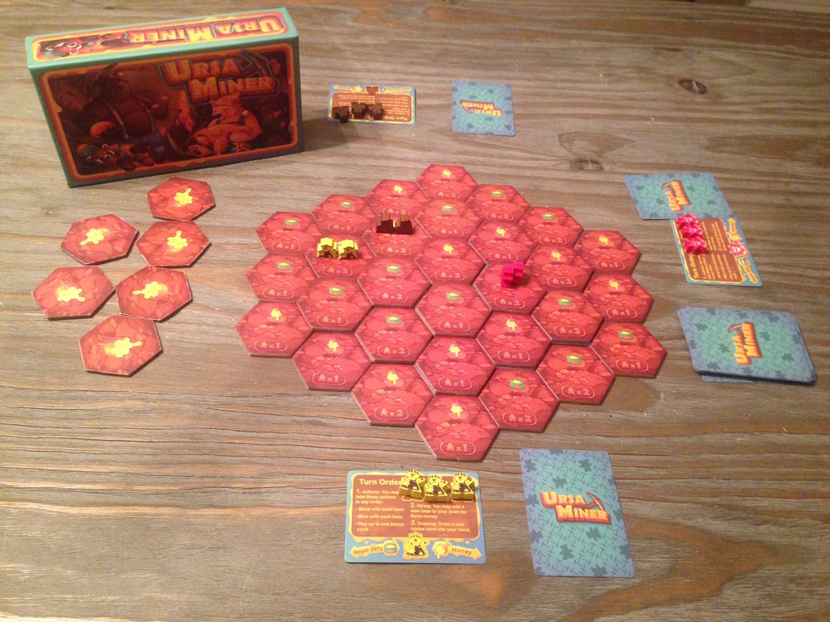 MesaGameLab's tweet photo. @RoomNBoardGames Finally got Ursa Miner on the table with my wife and son.  We forgot to stop after all the cards were drawn and played until only 6 tiles were left. 😆 we had a great time with it. Next time we'll follow the rules. Love the artwork too. https://t.co/7SQ43Tp1qn