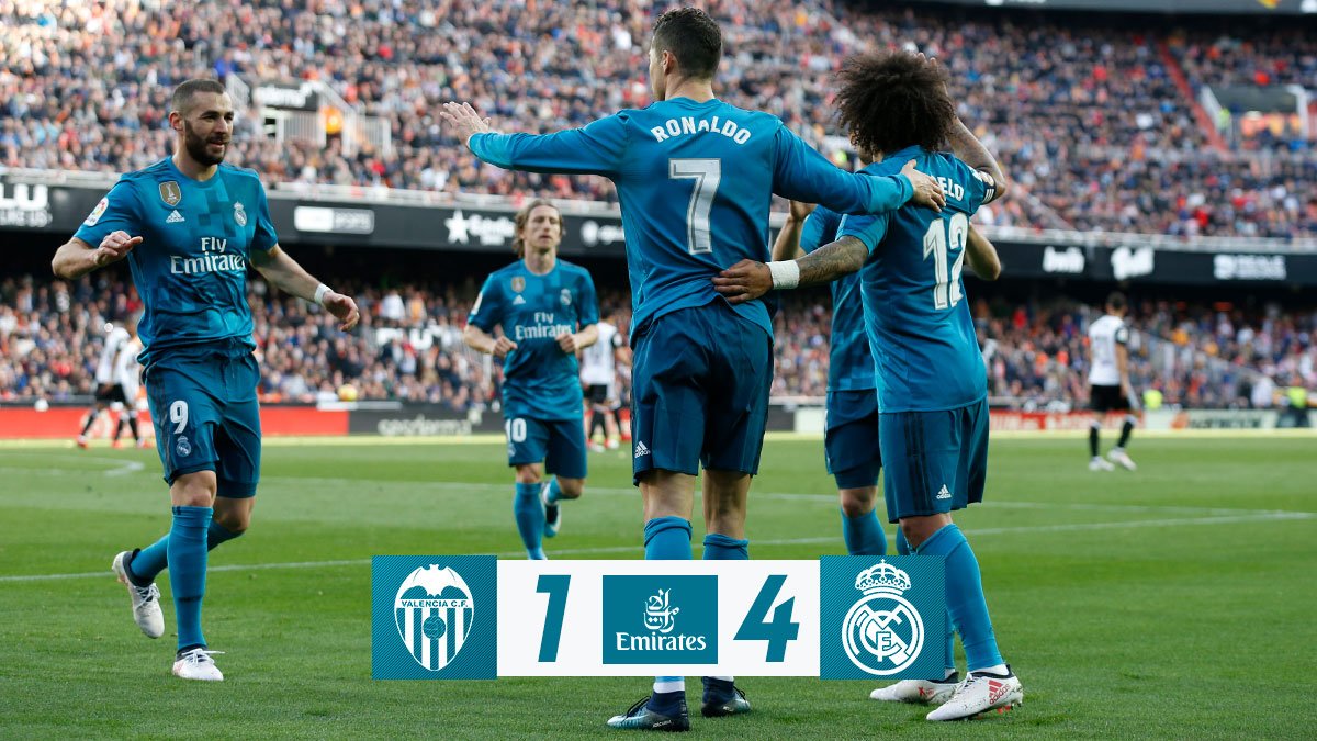 Hasil pertandingan semalam : Valencia 1-4 #RealMadrid
❌ Santi Mina 58'
⚽ Cristiano 16' (p), 38' (p)
⚽ MarceloM12 84'
⚽ ToniKroos 89'