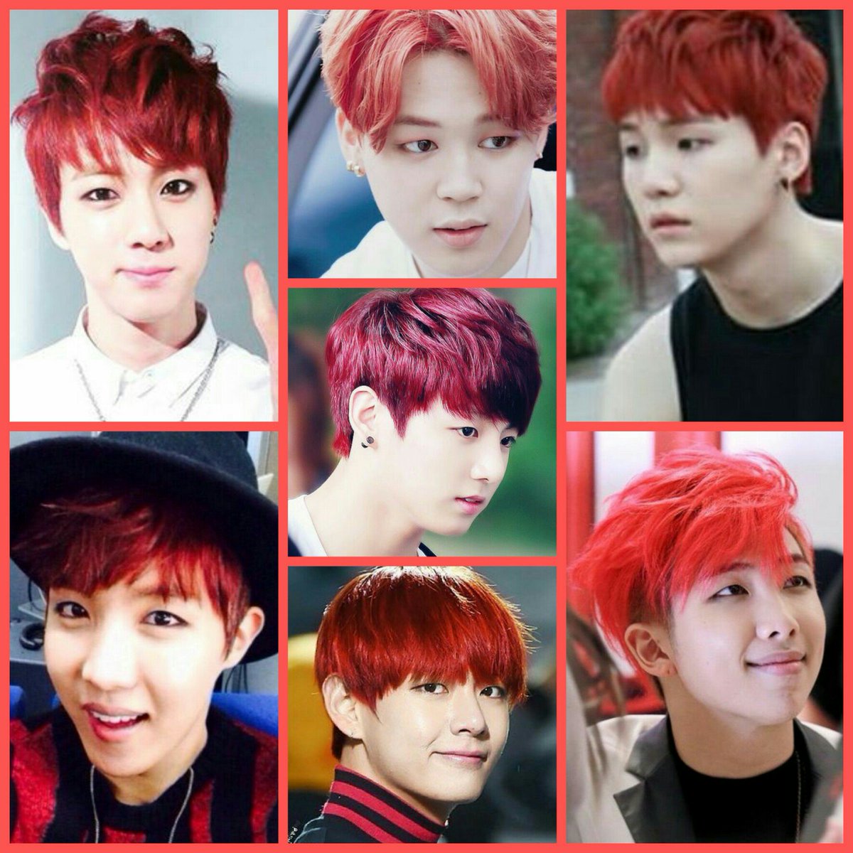 danmin95's tweet photo. What do you think will ARMY's reaction, if BTS' hair color is the same in their next comeback??? @BTS_twt @bts_bighit @BigHitEnt
#BTSred https://t.co/YI7rEd3XCZ