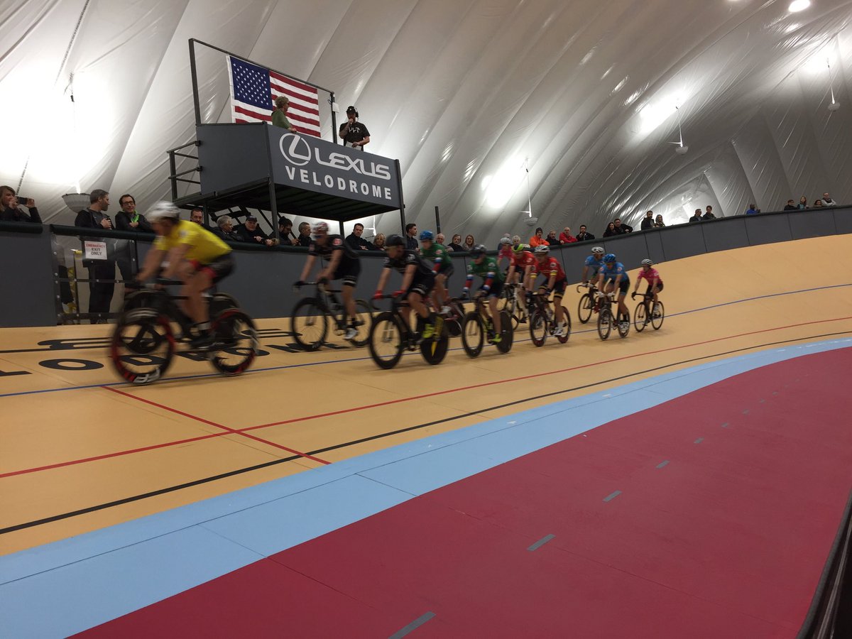 Spent a great evening with Kathy and friends at the new indoor velodrome in Detroit. Great racing, amazing speeds.