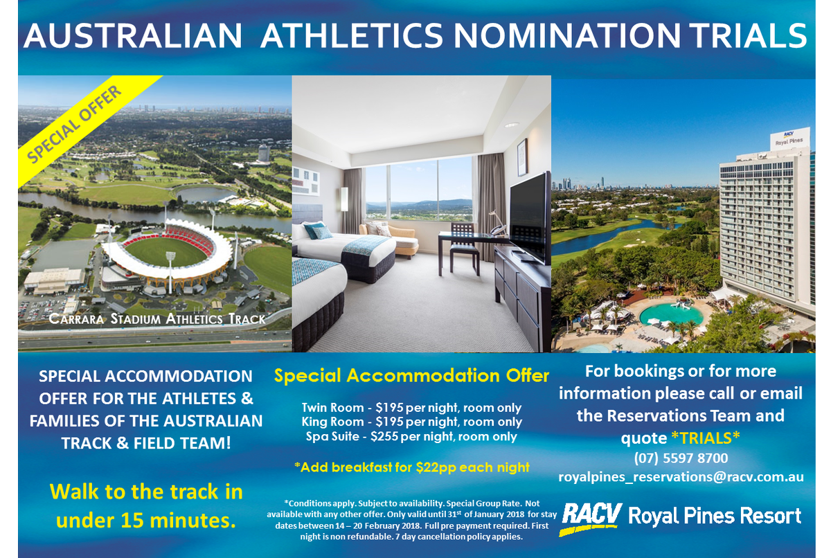ATFCA_OFFICIAL's tweet photo. For those heading to the Gold Coast for the AA trials. Some good rates here! https://t.co/hkJZhEE50d