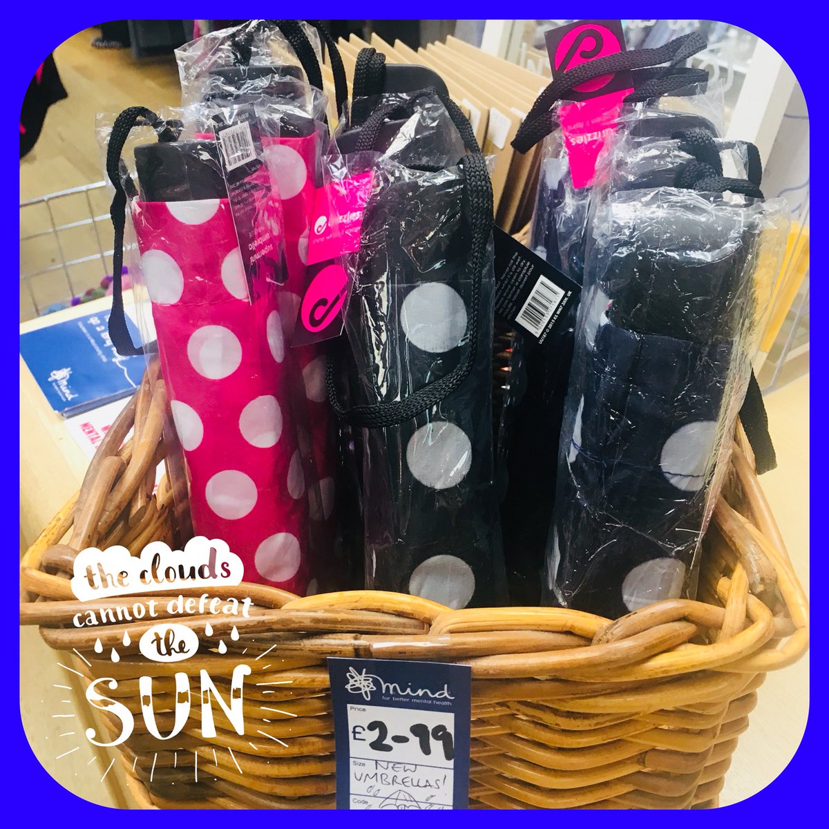 MindShopLeigh's tweet photo. ‘It’s raining it’s pouring!’ Don’t worry we’ve got you ‘covered’! 😉 lovely new polka dot umbrellas in navy,black and pink ☔️ @MindShopLeigh @MindCharity #TimetoTalk https://t.co/f8zd7TSzZv