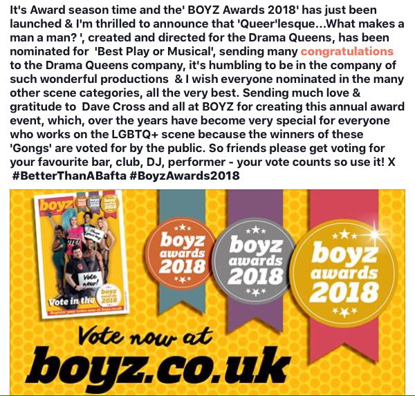 MissKMonroe's tweet photo. How fabulous that Queerlesque has been nominated for an award at this years awards
@BoyzMagazine 
@TheDQs2009 
Good luck to all my fellow cast and the fabulous @SpikeWarrior xx https://t.co/fJTSAtNFZB
