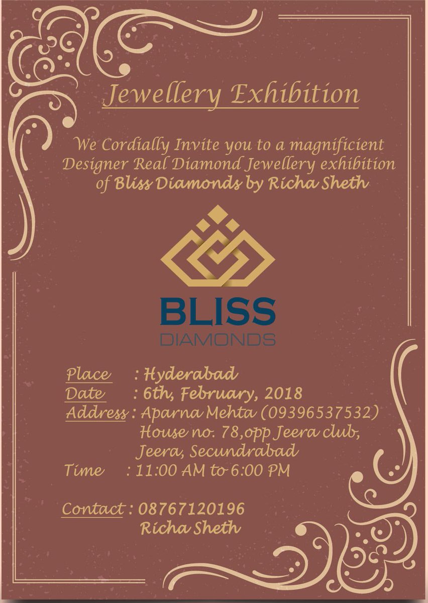 blissdiamonds's tweet photo. Have you marked your calendar for Real Diamond Jewellery Exhibition, city of Pearls?!
#BlissDiamonds #Hyderabad #Secunderabad #CityOfNizams #CityOfPearls #CapitalOfBirayni #HiTechCity #RealDiamonds #RealDiamondJewellery #HighEndQuality #Hallmarked #IGICertified #DesignerJewellery https://t.co/dDveo83TzJ