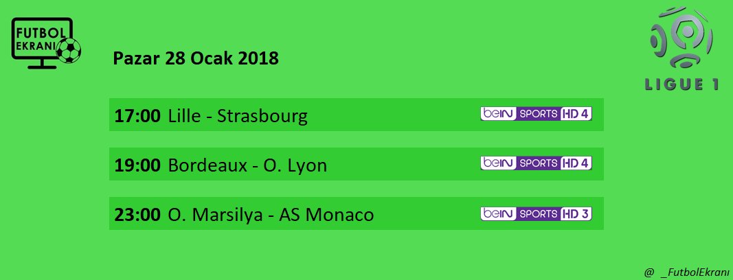 _futbolekrani's tweet photo. 🇫🇷Ligue 1'de günün programı
Maçlar @beINSPORTS_TR ekranlarında

#ligue1 #lille #strabourg #bordeaux #olympiquelyon #olympiquemarseille #asmonaco #beinsports #futbolekranı https://t.co/aX9aw2DSlU
