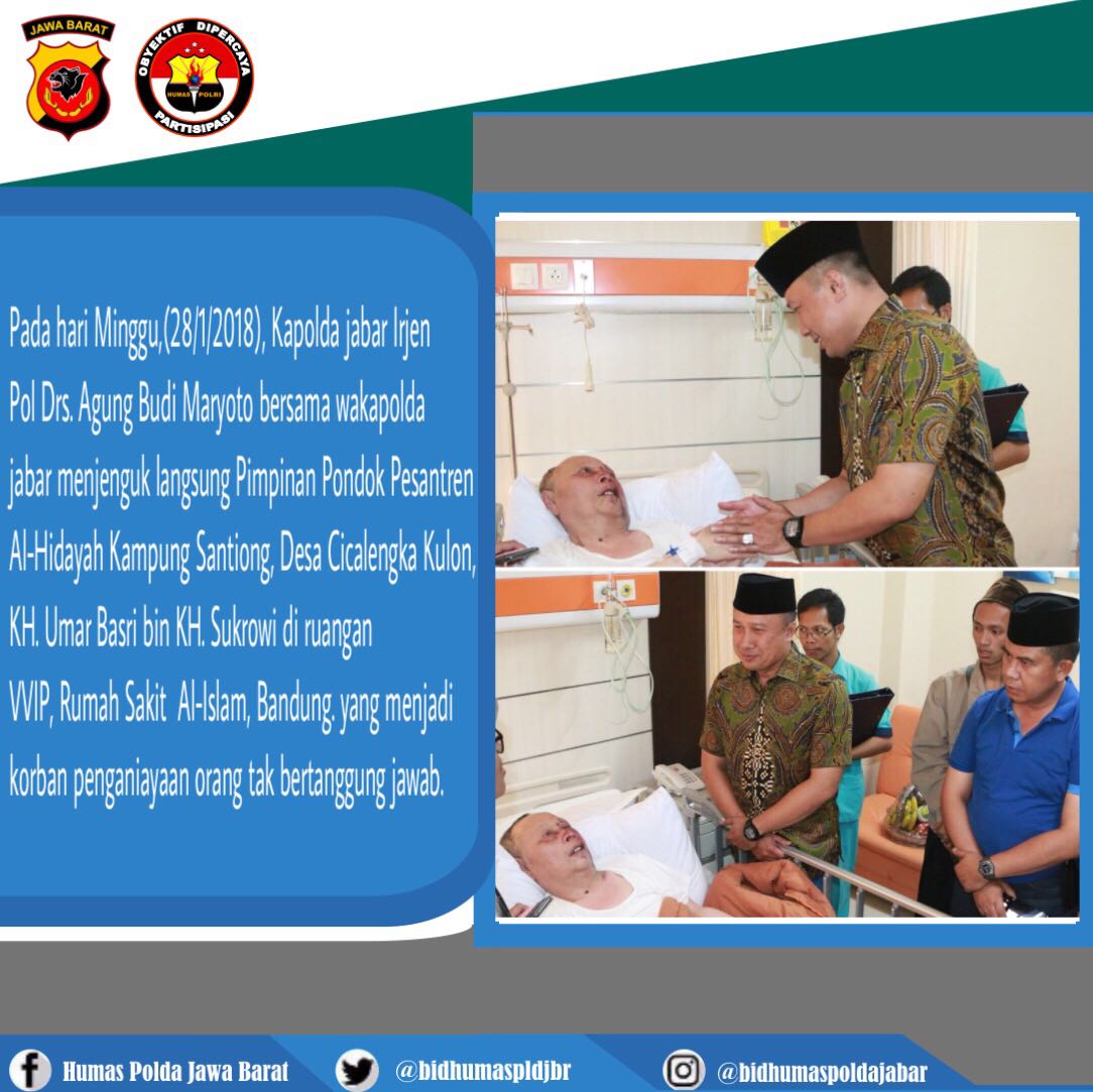 humaspoldajbr's tweet photo. Minggu,(28/1/2018), Kapolda jabar Irjen Pol Drs. Agung Budi Maryoto menjenguk langsung Pimpinan Pondok Pesantren Al-Hidayah Kampung Santiong, Desa Cicalengka Kulon, KH. Umar Basri di RS Al-Islam, Bandung. yg menjadi korban penganiayaan orang tak bertanggung jawab.
. https://t.co/nMzYZ4LxJC