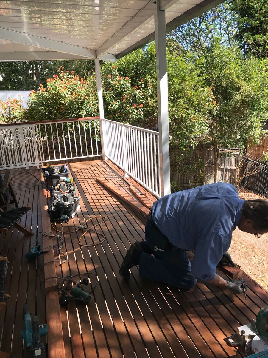 Patioland's tweet photo. Craftsman at work. Putting the finishing touches on the handrail installation around the new timber #deck https://t.co/ksOjUaCNMV