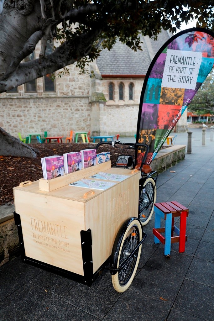 VisitFremantle's tweet photo. Look out for the #Fremantle story cargo trike today at #onedayinFremantle - we'll be full bottle on set times & kids workshops or pick up a summer mag & #lovefreo badge https://t.co/2nVETO6MP4
