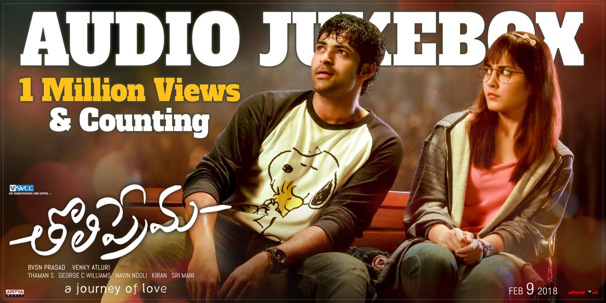 SVCCofficial's tweet photo. 1 Million views and counting! 💗
Thanks for all the musical love.
Listen to #TholiPremaAudio here: https://t.co/UnDF50b0wj
#TholipremaOnFeb9th @IAmVarunTej @RaashiKhanna @dirvenky_atluri @MusicThaman #SVCC https://t.co/zppbUJXzqd