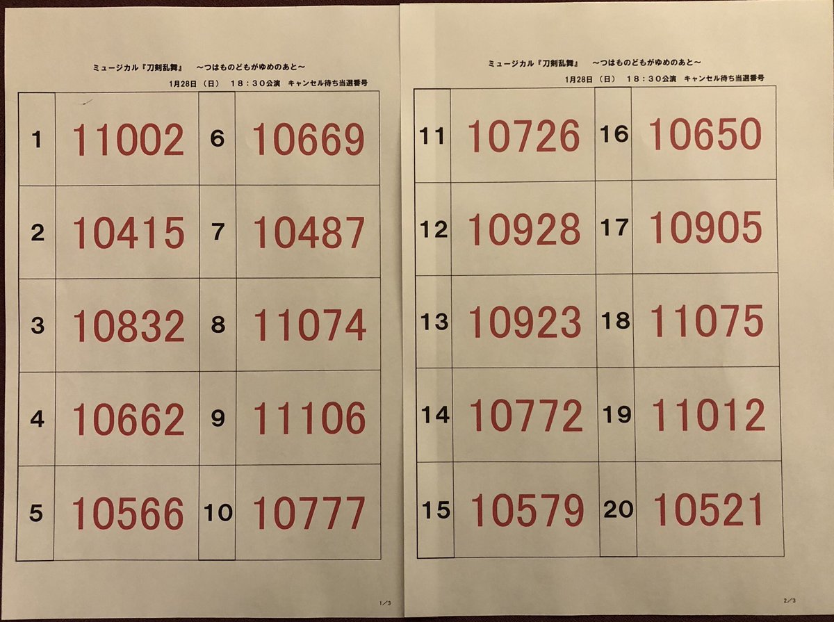 ミュージカル 刀剣乱舞 公式 Auf Twitter つはものどもがゆめのあと 1月28日 日 18 30公演 キャンセル待ち抽選 当選番号の発表です 画像ご確認の上 当選された方は 開演の30分前 までに係員の指示に従ってお並び下さいませ 刀ミュ T Co Gzo2mianpj