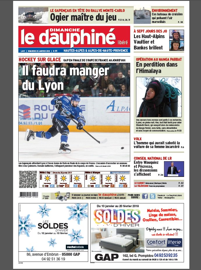 LeDL05et04's tweet photo. Notre Une du jour, très sportive : le jour J pour les @Lesrapacesdegap en finale de #CdFrance face à Lyon à 15 h, le récit de la dernière journée du #MonteCarlo dans les Hautes-Alpes et un point sur l'#Outdoormix de @Varsfob. Bon dimanche ! https://t.co/6NjvADXX5T