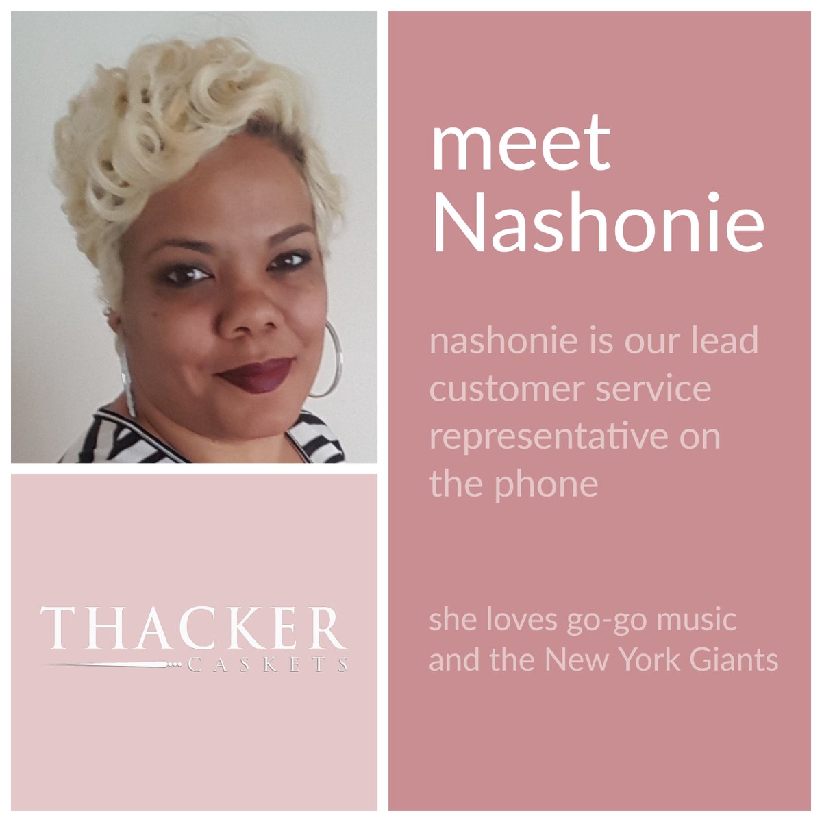 ThackerCaskets's tweet photo. Meet Nashonie! She is our lead customer service representative and you will hear her a lot answering the phone! While she is celebrating her first year with Thacker, she actually has worked for Thacker previously - so this really isn't her first year! #teamthacker https://t.co/qkD3CMxVxP