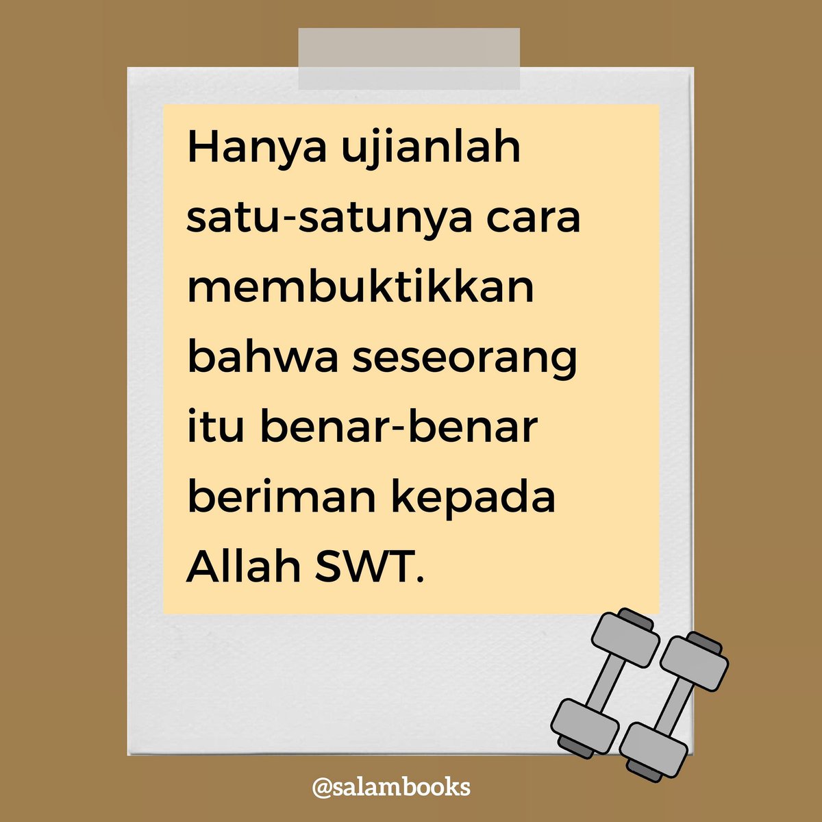 salambooks's tweet photo. Tetaplah bersama Allah saat ujian hidup mengimpit, bahkan terasa mencekik kita. Tidak ada satu pun ujian, melainkan tujuannya agar kita, sebagai hamba Allah, selalu berdekatan denganNya. Tujuan Allah memberikan ujian dalam hidup kita tiada lain untuk melihat bukti keimanan. https://t.co/JzZwbigfOO