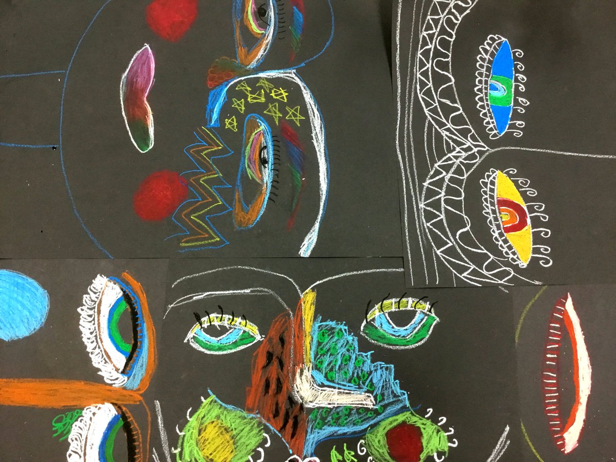 BCADprepart's tweet photo. Lower Prep Art CCA are working on some pastel portraits in the style of Sandra Silberzweig, using warm and cool colours to create patterns. https://t.co/7QJkCnK8na