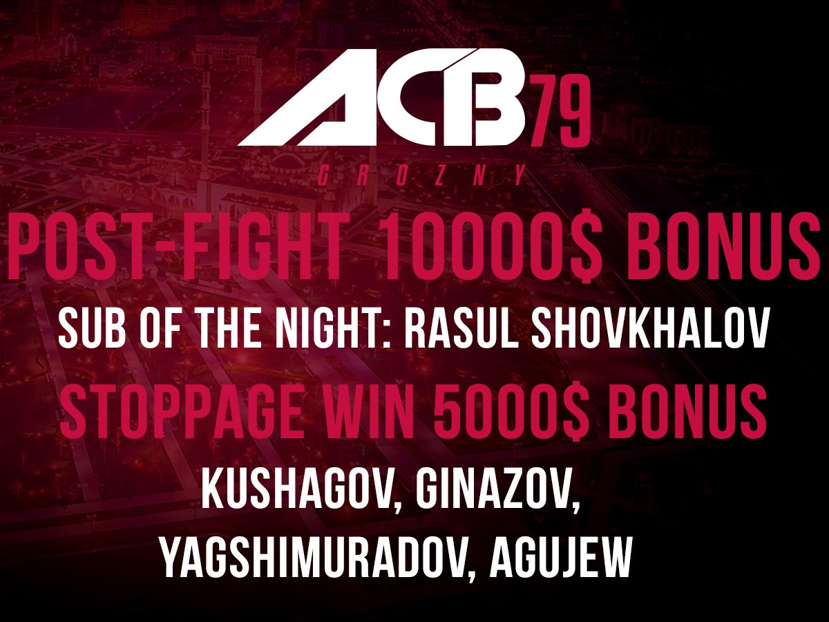 ACA_League's tweet photo. ACB 79: 10 000$ post-fight bonus:
 Submission of The Night: Rasul Shovkhalov

5000$ stoppage win bonuses: Huseyn Kushagov, Magomed Ginazov, Davletdzhan Yagshimuradov, Arbi Agujev

#acbmma #acb79 https://t.co/T45mE1TMj1