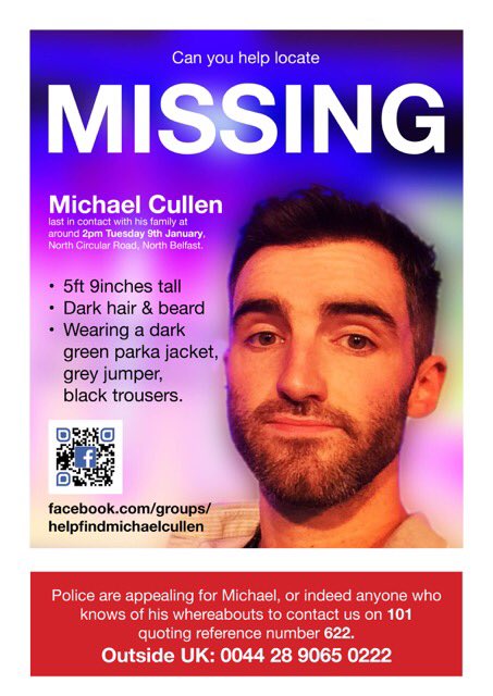 helpfindcull's tweet photo. Volunteers required to #HelpFindMichaelCullen - Belfast

Sunday 28th Jan:
2pm @BelWaterfront

A limited number of flyers are @thisishench gym, 37 College St, Belfast

If you can print some yourself, please use the 2 flyers attached to this post

Thanks for your support! ❤️

RT https://t.co/kWY967892f
