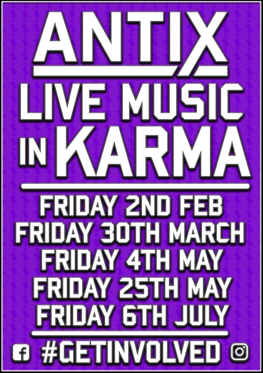 We have a fair few gigs lined up for you over the next few months in #Yeovil #Karma. A mixture of locally talented Live Music acts, and a DJ to close the night. #GetInvolved with these FREE ENTRY events and support YOUR local music scene today! #SomersetLive #Somerset #LiveMusic
