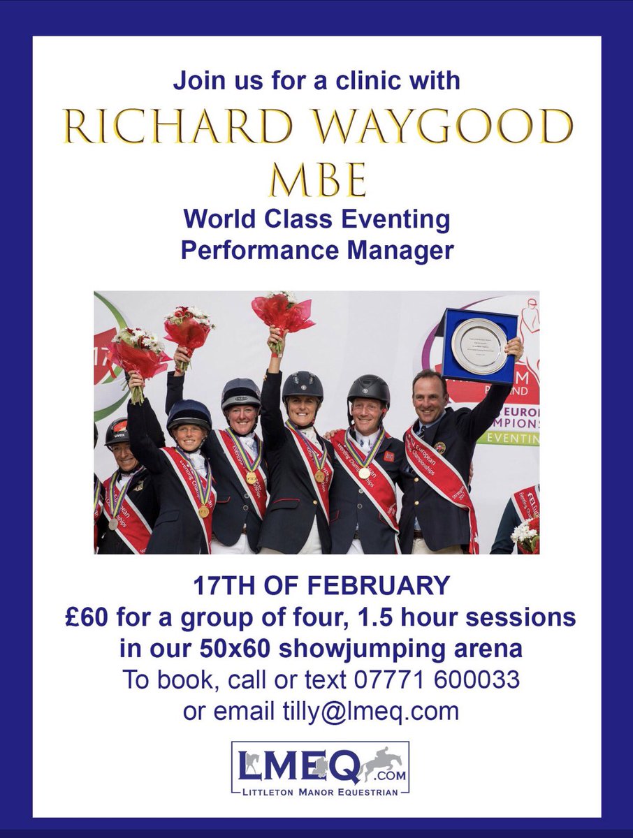 Very excited to welcome @TeamGBR <a href="/BEventing/">British Eventing</a> chef d'equipe Dicky Waygood to <a href="/LittletonManor/">Littleton Manor EQ</a> for a clinic on the 17th of Feb! £60 for a 1.5 hour session. ☎️ 07771600033 or email tilly@lmeq.com #lovelmeq #crosscountry #xc <a href="/TwittaEventing/">Twitta Eventing</a> <a href="/EquineHour/">#EquineHour</a> <a href="/equestrianindex/">Equestrian Index</a> <a href="/eventslens/">Events Through aLens</a>