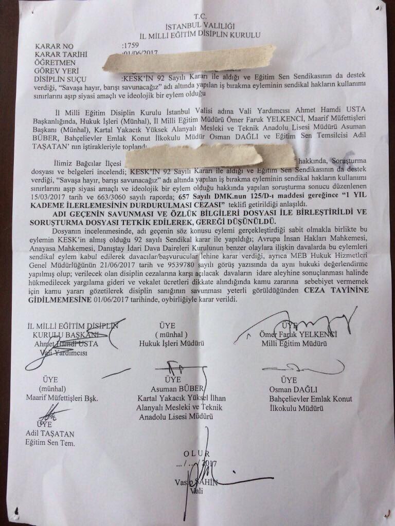 Eğitimsen’in PKK’ya destek verdiği için ceza alan üyelerinin tamamının cezasını İstanbul il müdürü bu kararla kaldırdı .