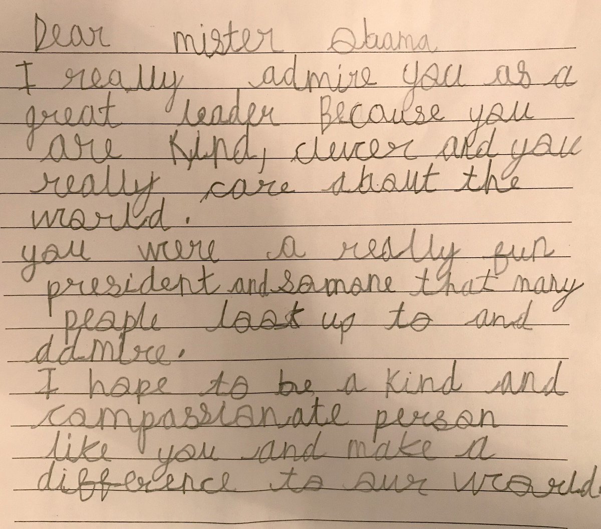 For homework, my son was asked to write a letter to someone who they think is a great leader. Aarav chose the amazing <a href="/BarackObama/">Barack Obama</a> ❤️