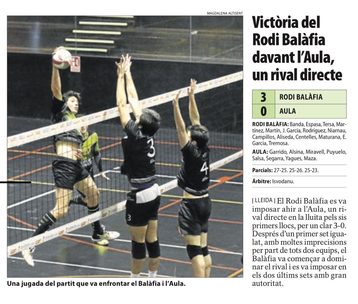 BalafiaVolei's tweet photo. #1aNacional La victòria del @MotorRodi @BalafiaVolei vs #AEAula la recull avui el @SEGREcom a la secció @segrecom_esp #amuntbalafia #sumatalverd #voleibolitzat https://t.co/LVM1pwKn9C