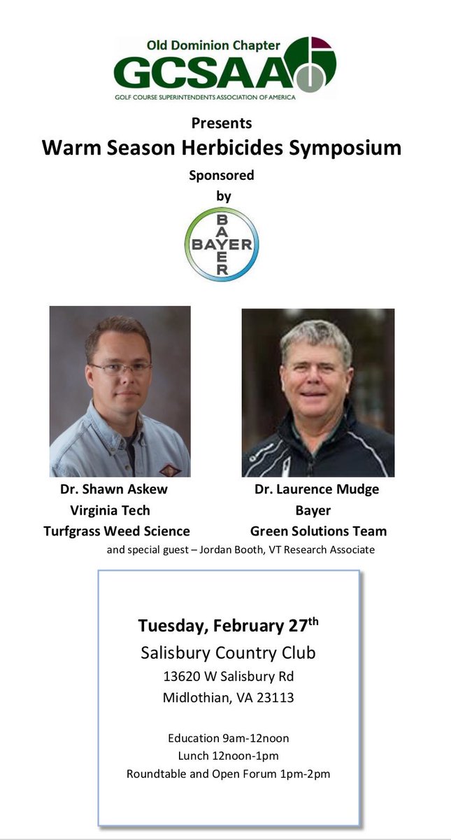 Eric Snelsire (@ericsnelsire) on Twitter photo Mark your calendar Feb 27th at Salisbury CC in Richmond. <a href="/jaywadeIII/">Jay Wade, CGCS</a> <a href="/jholliday83/">Jeff Holliday, CGCS</a> <a href="/lcmtiger/">Laurence Mudge</a> <a href="/VTTurfweeds/">Shawn Askew, Ph.D.</a> <a href="/VirginiaGCSA/">VGCSA</a> <a href="/BayerGolf/">BayerGolf</a> <a href="/JordanCBooth/">Jordan Booth</a> Mark your calendar Feb 27th at Salisbury CC in Richmond. <a href="/jaywadeIII/">Jay Wade, CGCS</a> <a href="/jholliday83/">Jeff Holliday, CGCS</a> <a href="/lcmtiger/">Laurence Mudge</a> <a href="/VTTurfweeds/">Shawn Askew, Ph.D.</a> <a href="/VirginiaGCSA/">VGCSA</a> <a href="/BayerGolf/">BayerGolf</a> <a href="/JordanCBooth/">Jordan Booth</a>