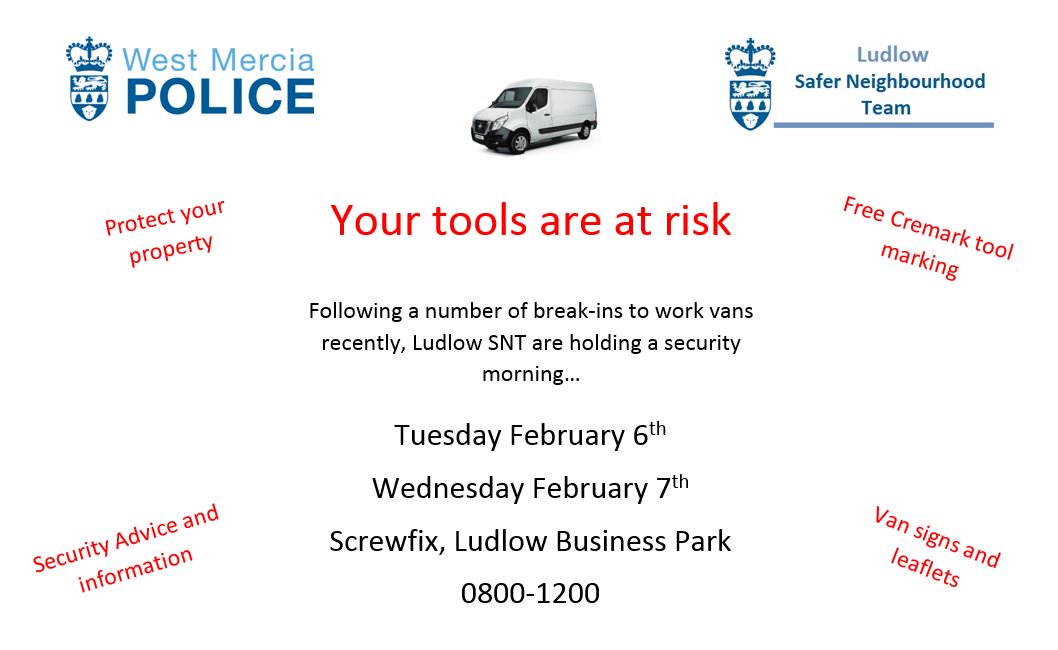 LudlowCops's tweet image. Come down to Screwfix on Ludlow Business Park on Feb 6th or 7th 0800-1200 to get your tools marked for free and for some helpful crime prevention advice #LocalPolicing #ToolMarking #CrimePrevention