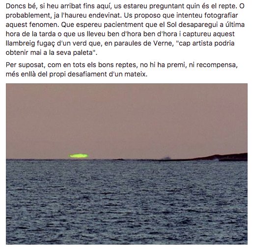 smaccarrone's tweet photo. Sabeu què és el #RaigVerd?
Un instant abans que surti el Sol o just un instant després que s'hagi post, es pot observar sobre l'horitzó un centelleig de color verd.
Us proposo el repte de fotografiar-lo: https://t.co/VfaRquSljX https://t.co/AWATiHYJLF
