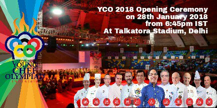 #YCO18 #OpeningCeremony will start at 6:45pm IST. It will be beamed #FBLive at goo.gl/w5sucP. Don't Miss the action. @SanjeevKapoor @andyvarma @ranveerbrar @incredibleindia @sunilhoon @subornobose @TourismBengal @chefguggenmos