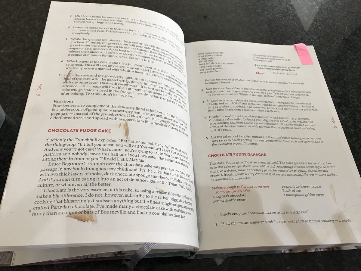 RickyStitcher's tweet photo. Favourite chocolate cake recipe. As it should be, with annotations, bookmarks &amp; lots of drips &amp; spills on the page! 🍫🍰 From @rubytandoh ‘s Crumb https://t.co/FsJ1CAay9o