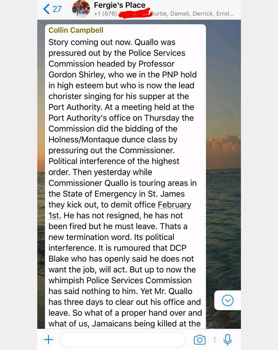 AbkaFitzHenley's tweet photo. UPDATE: In PNP group #ColinCampbell lashes PSC Chair Gordon Shirley for what he says is dismissing #Quallo. Campbell says PNP holds Shirley in high esteem but chides Shirley. Campbell appears livid that Quallo is leaving. He's also attacking PM Holness & Security Min. Montague. https://t.co/RoSEYMoS6w