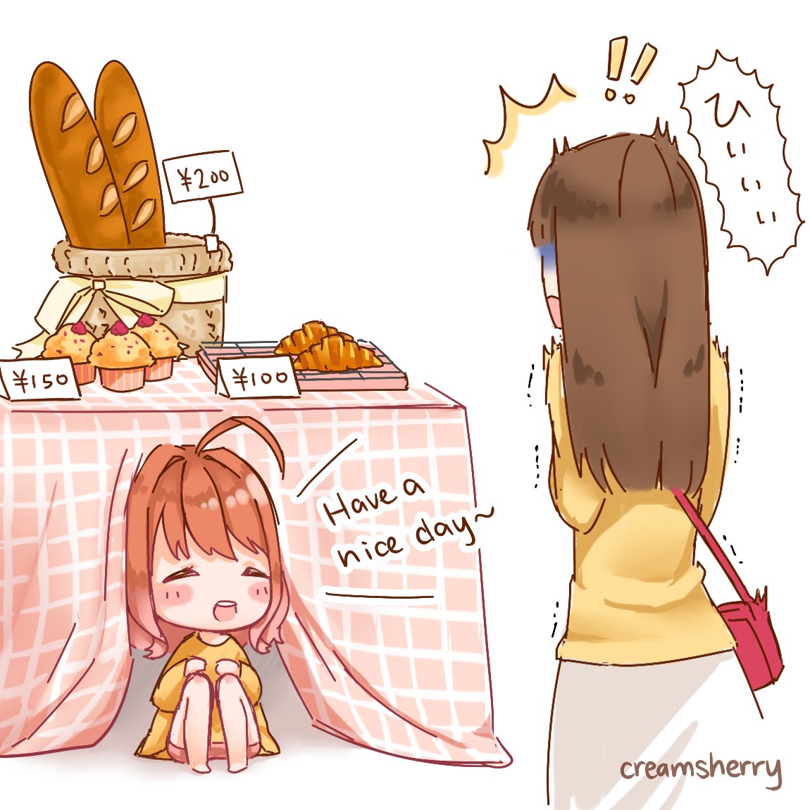 接客方法が間違っているかも...w クリームちゃんの漫画描いてみようかな(*'ω`*)
Cream-chan trying to be friendly to the bakery customers LOL ?
(Second sketch is Cream-chan's dad! He calls her Kuri-chan because her real name is Kurisu ?) 