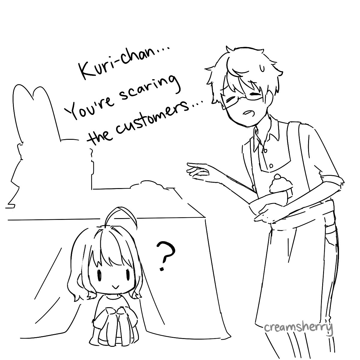 接客方法が間違っているかも...w クリームちゃんの漫画描いてみようかな(*'ω`*)
Cream-chan trying to be friendly to the bakery customers LOL ?
(Second sketch is Cream-chan's dad! He calls her Kuri-chan because her real name is Kurisu ?) 