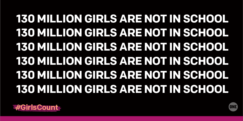 ONECampaign's tweet photo. 130M girls out of school = 130M missed opportunities. Speak up and tell world leaders that ALL girls count: https://t.co/OR6EueR55x https://t.co/XcwRCqpONA